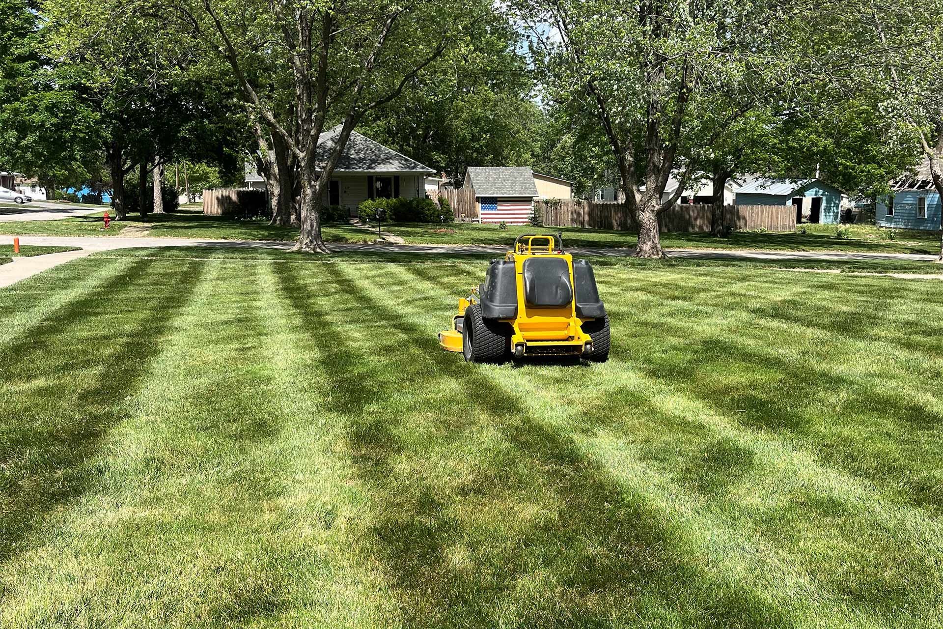 Yellow-and-black lawn mower on striped green grass in a sunny suburban yard