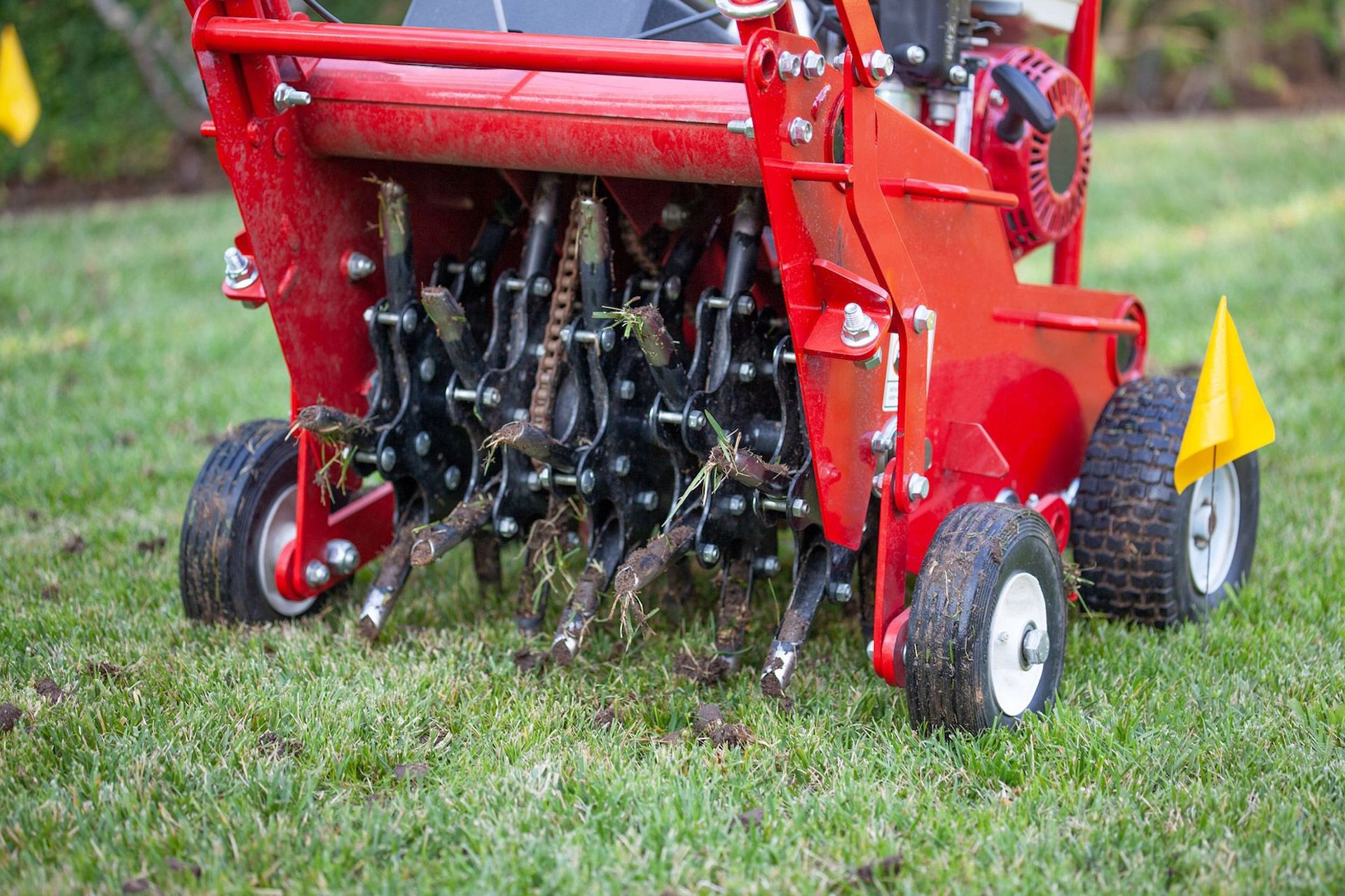 Red lawn aerator attachment with spinning tines on grass, viewed from the side.