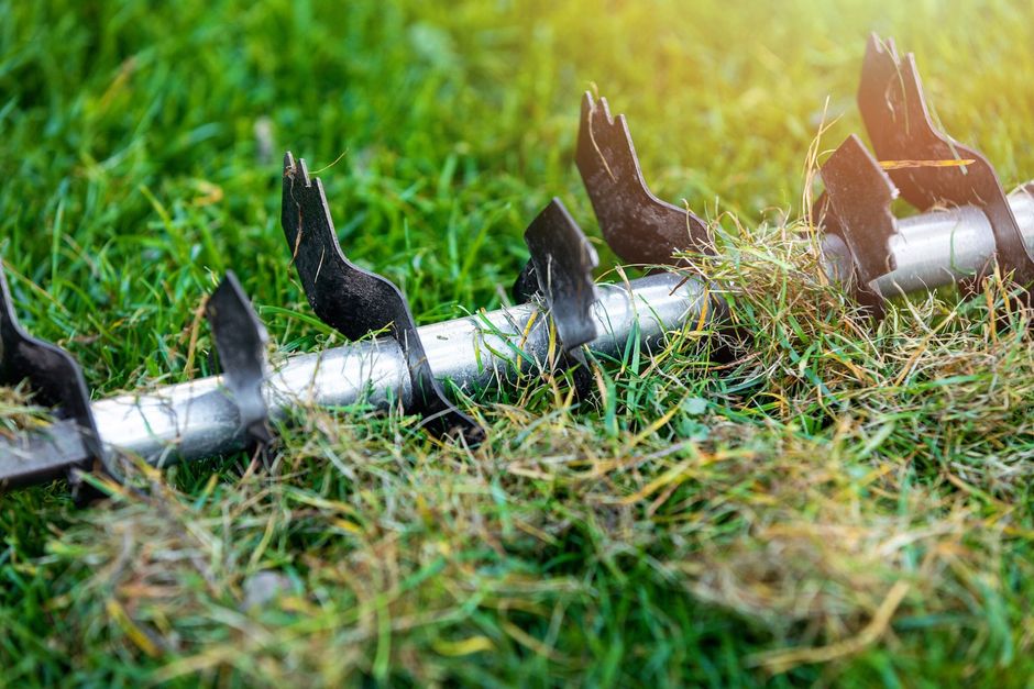 Metal garden hose with black spikes lying on grass, catching sunlight