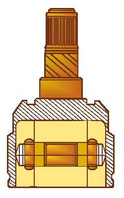 Cross-section of a brass mechanical valve or switch with a knurled top and internal contacts