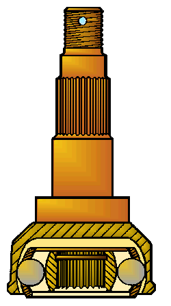 Illustration of a threaded metal bolt with an orange-gold base and two silver spheres at the bottom