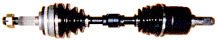 Auto drive shaft with black rubber boots and silver metal ends on a white background