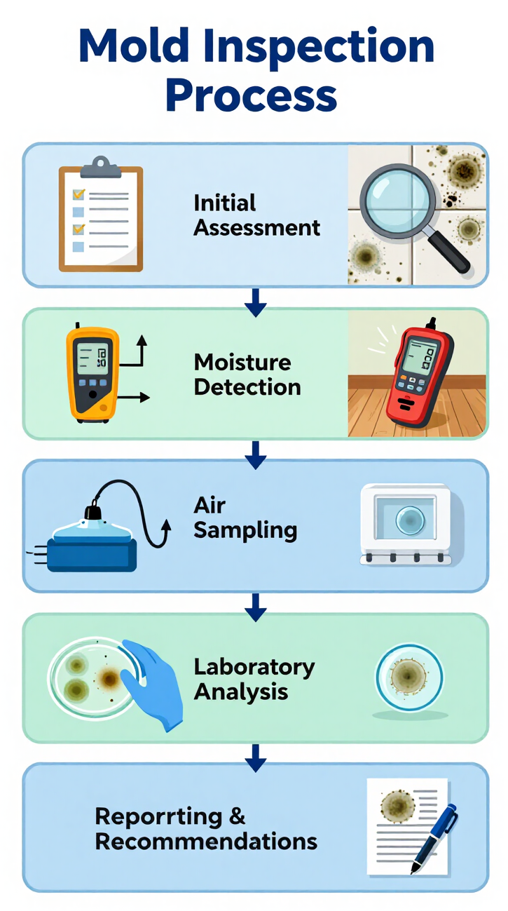 Mold inspection process flowchart with five steps: initial assessment, moisture detection, air sampling, lab analysis, reporting.