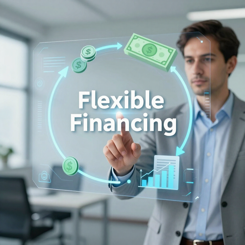 Businessman selecting “Flexible Financing” on a holographic interface in a modern office