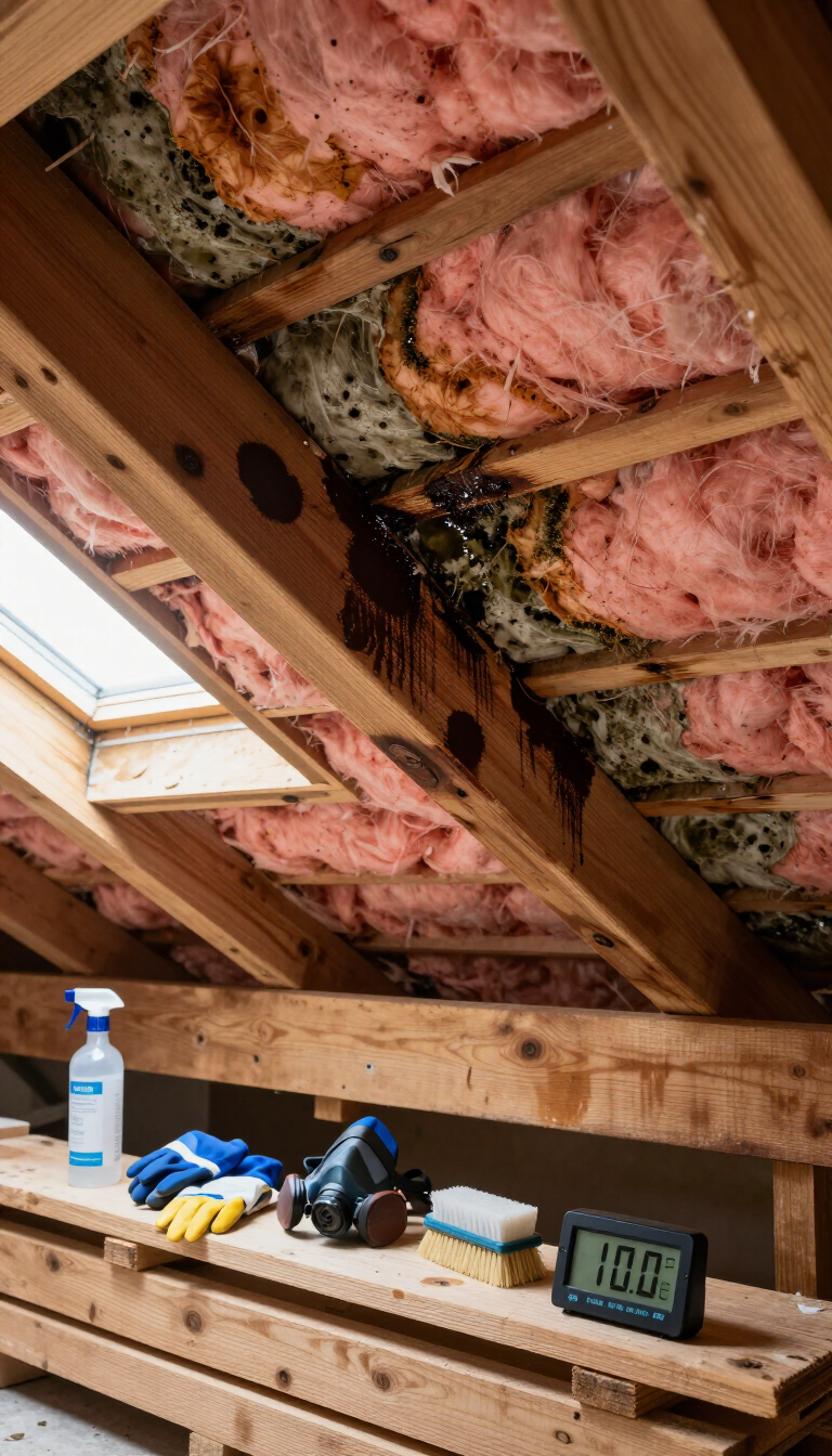 Attic with exposed pink insulation, skylight,
