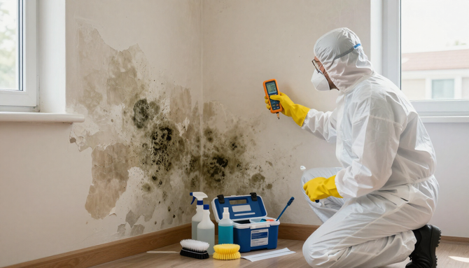 Worker in yellow protective suit cleaning floodwater in a damaged room with drying equipment.