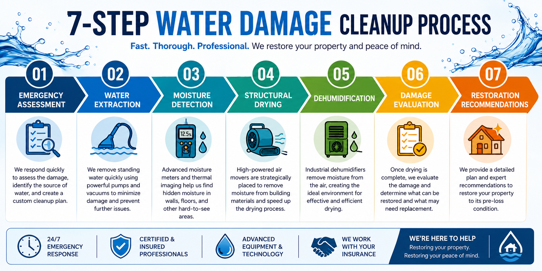 7-step water damage cleanup infographic with colored icons and timeline from inspection to restoration