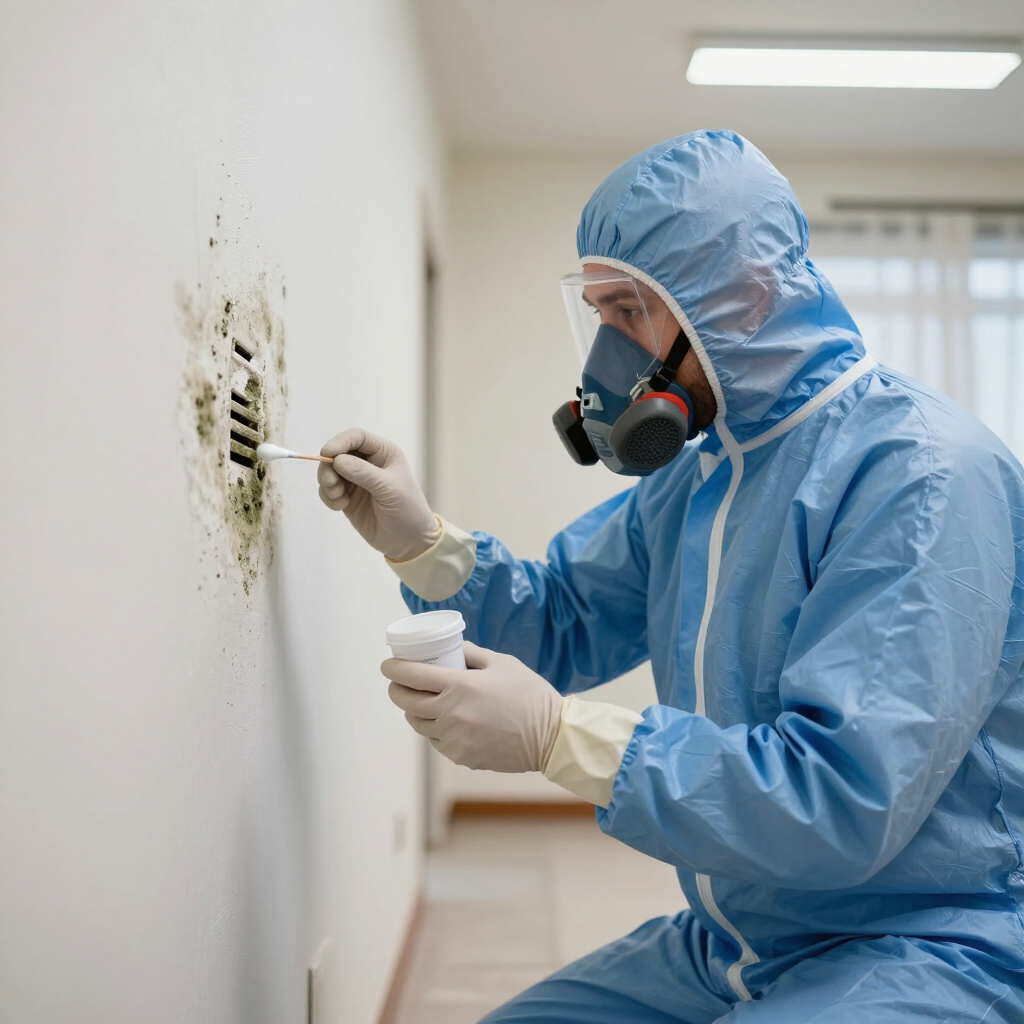 Worker in blue protective suit and respirator inspecting mold on a wall with a sample swab