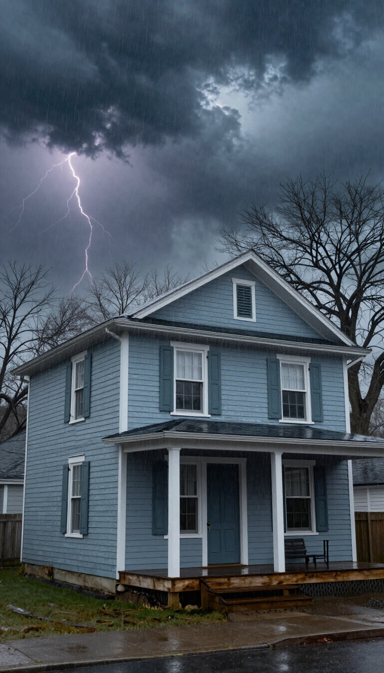 Lightning strikes near a blue house under dark storm clouds on a rainy day