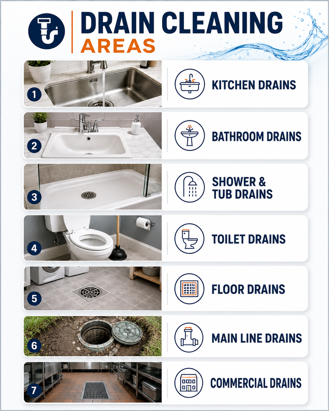 Infographic of drain cleaning areas: kitchen, bathroom, shower, toilet, floor, main line, and commercial drains.