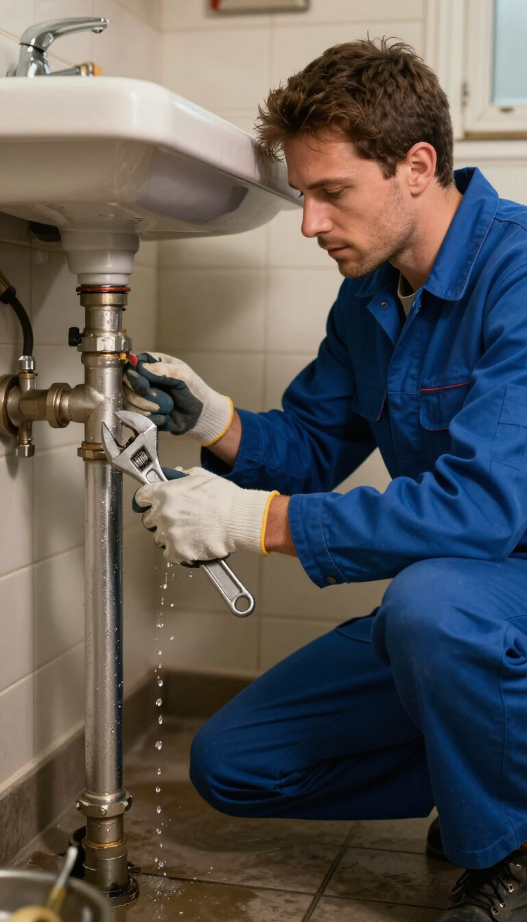 Plumber in blue coveralls repairing a leaking bathroom sink drain with a wrench