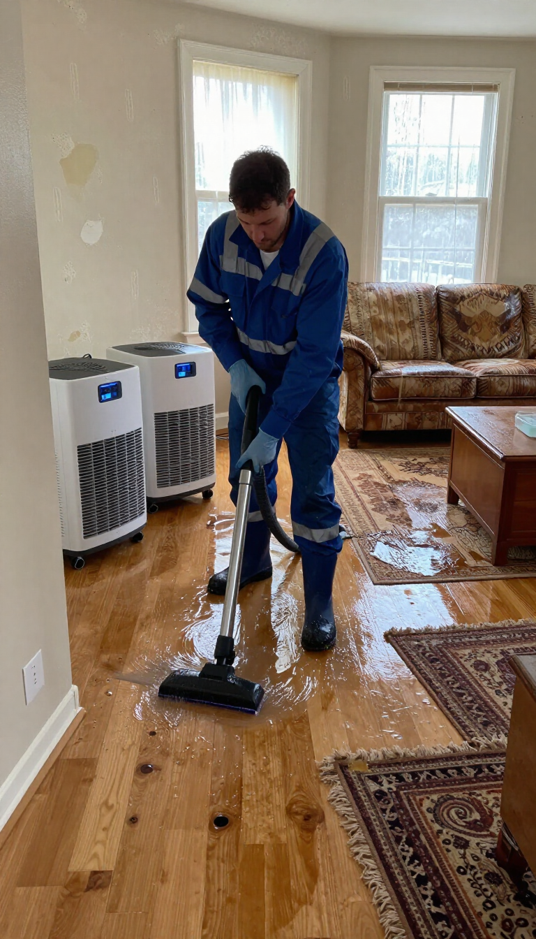 Worker cleaning a hardwood floor with a buffer in a living room with a couch and windows.