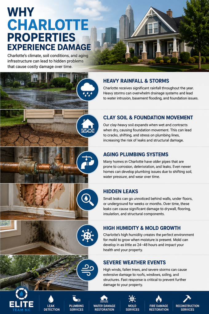 Infographic on Charlotte property damage causes, with house photos and icons on a blue background