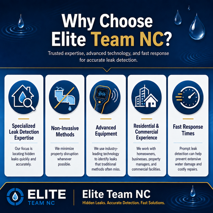 Blue Elite Team NC ad listing leak detection expertise, non-invasive methods, advanced equipment, and fast response times