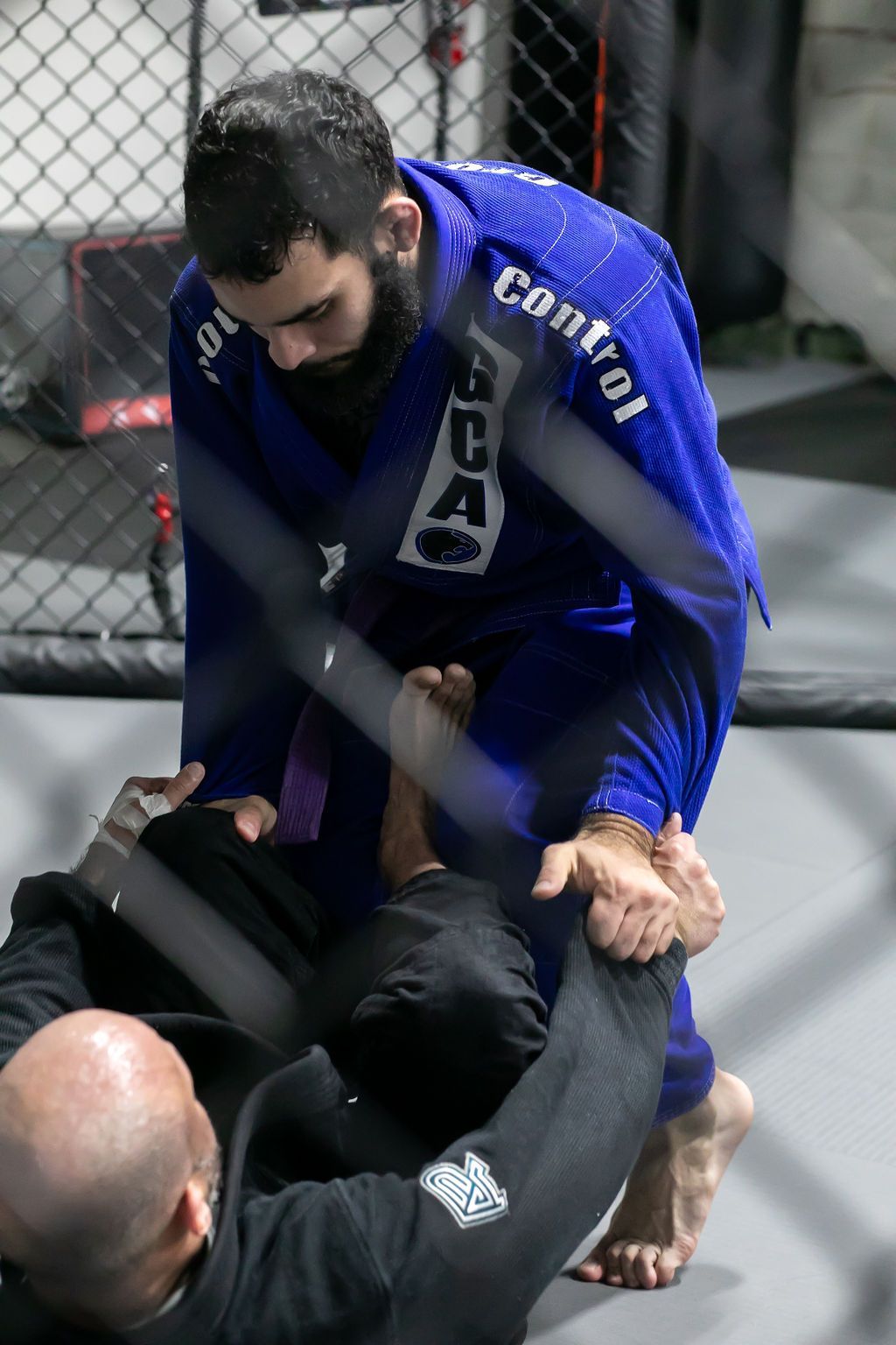 Martial arts sparring match: blue-clad fighter grapples with opponent on the mat in a cage-ring setting.
