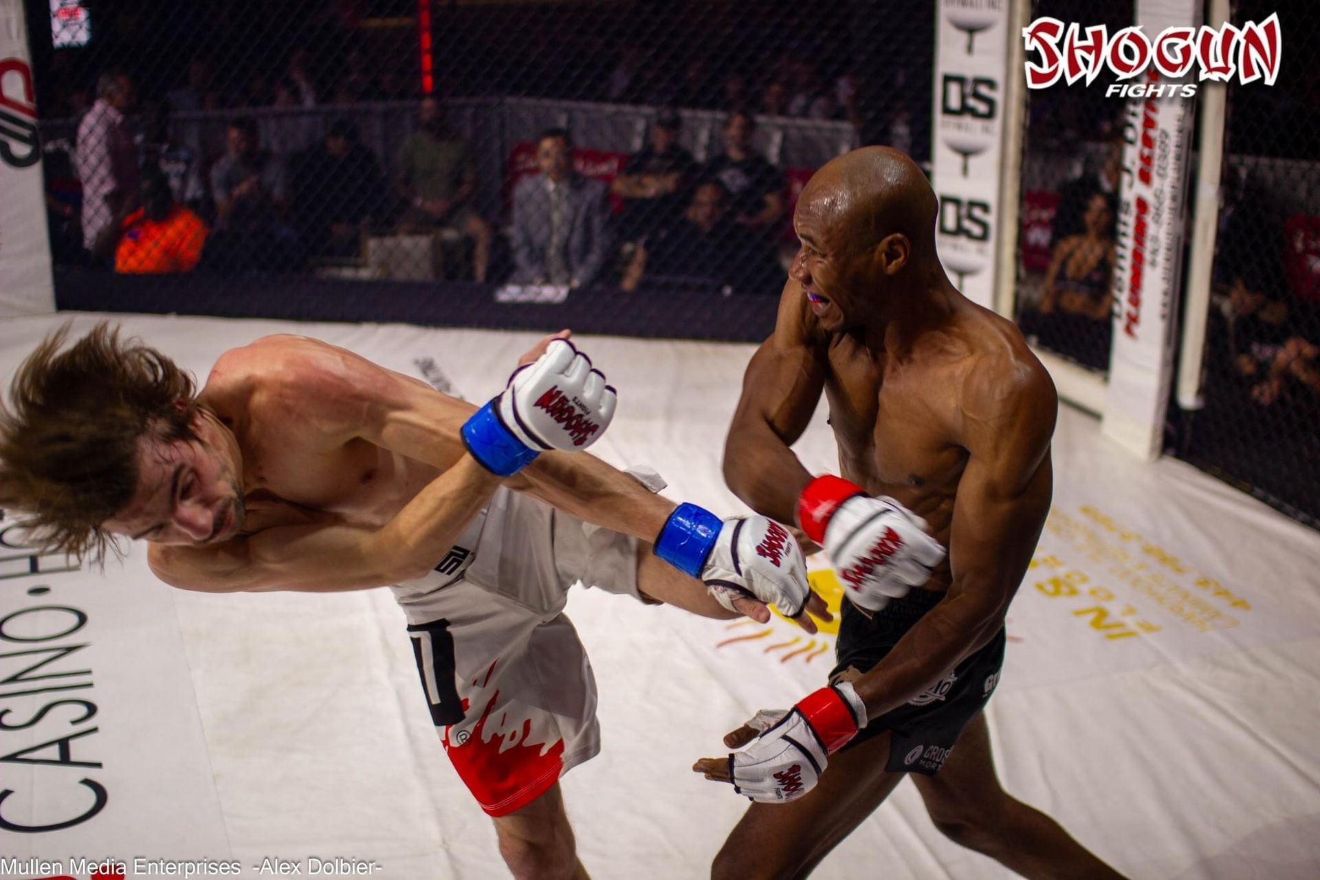 Fighters in a ring: one kicks, the other blocks. Crowd in the background. Red, blue, white gloves.