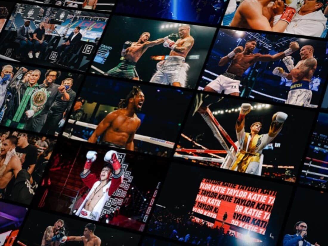 A collage of various professional boxing matches, featuring fighters in the ring, training, and celebrating victories.