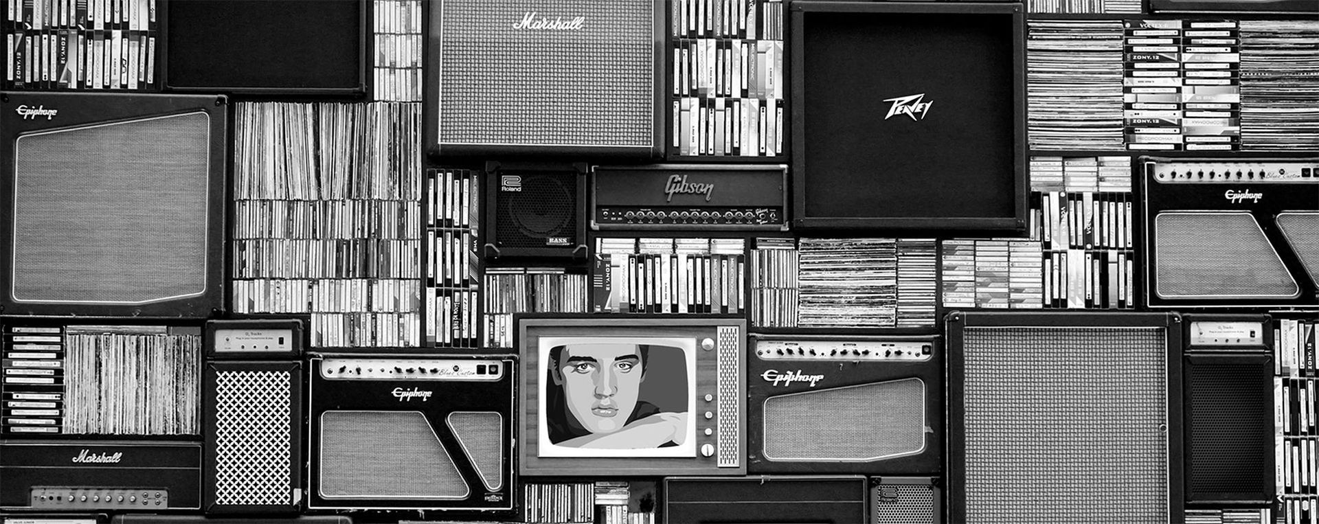 A black-and-white collage of vintage television sets, guitar amplifiers, and stacks of vinyl records.