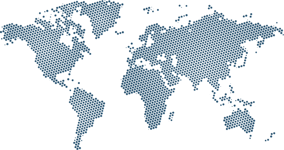 A stylized world map composed of a repeating blue patterned texture on a white background.