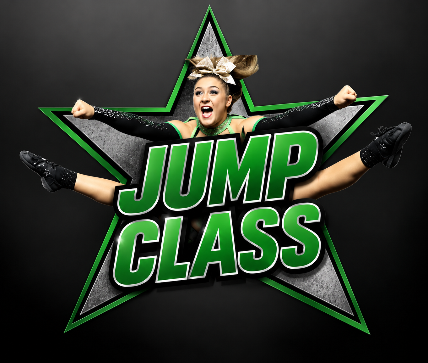 Three young cheerleaders in front of blue, glittery background. One standing, smiling; two doing cartwheels.