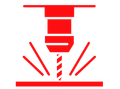 A red icon of a drill bit cutting a hole in a piece of metal.