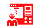 A red icon of a man wearing a hard hat standing next to a machine.