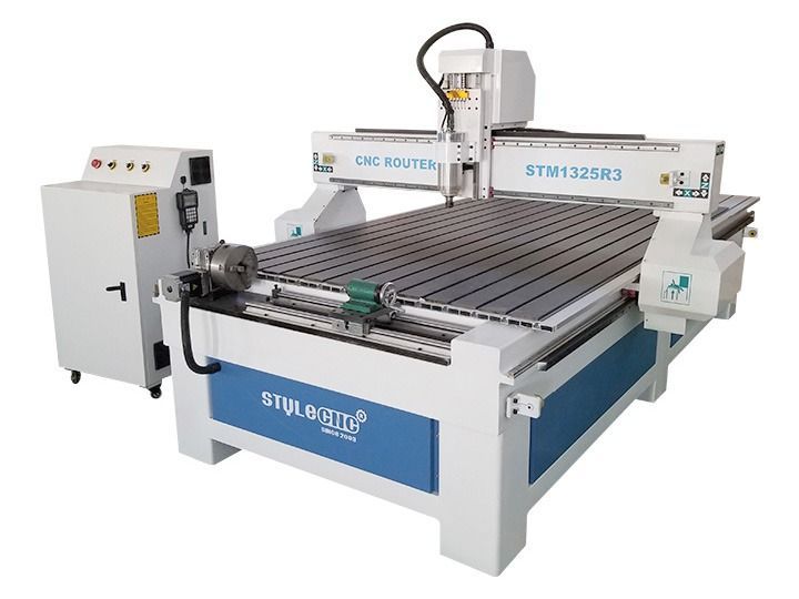 CNC router machine, white and blue, for woodworking and fabrication.