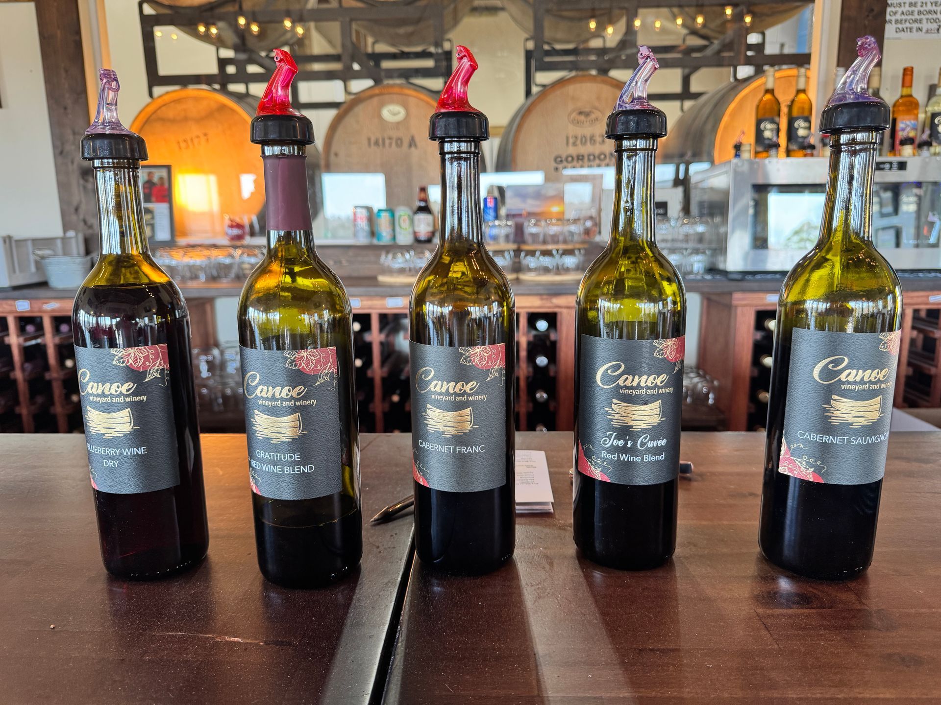 Five bottles of red wine lined up on a wooden bar counter in a restaurant or wine shop.