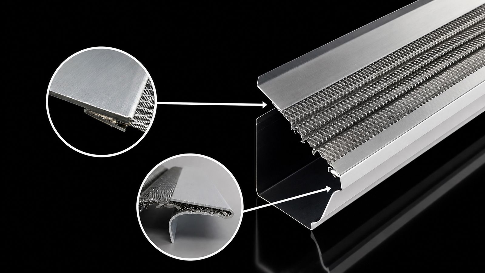 Cutaway of a Leaf Solution gutter guard with magnified details showing the stainless micro-mesh crim