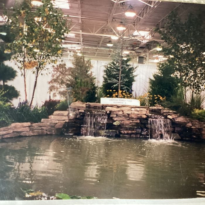 A decorative indoor pond features two small waterfalls cascading over stacked stone tiers, surrounded by trees and plants.