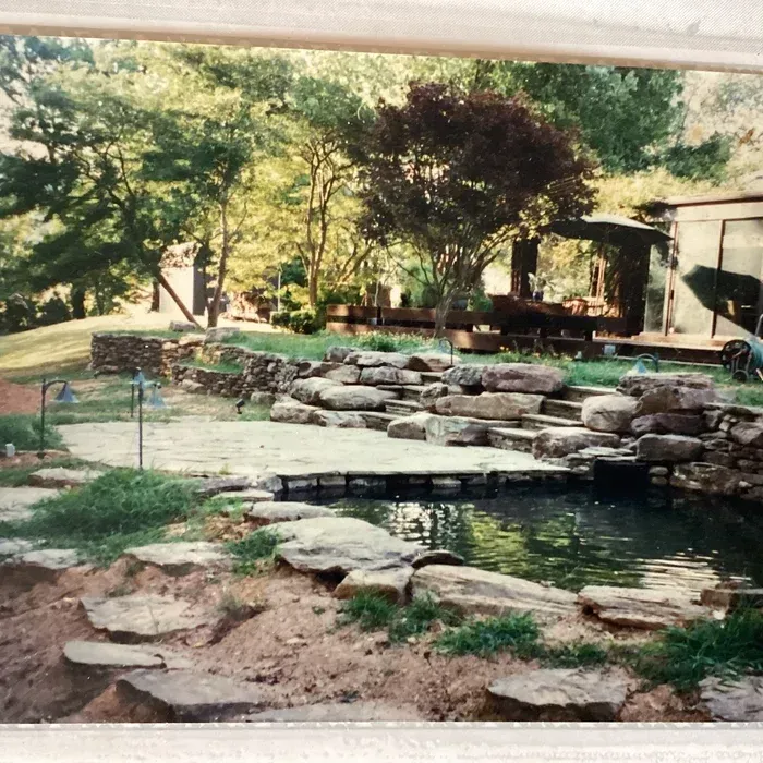 A backyard landscape featuring a small pond, stone retaining walls, a patio area, and surrounding trees and shrubbery.