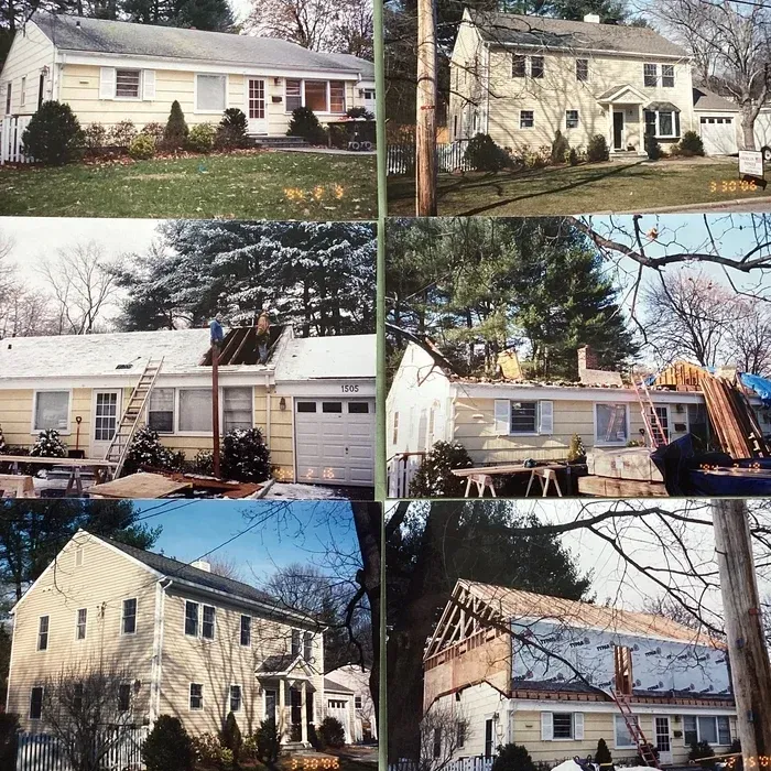 A collage showing a light-yellow house undergoing a major renovation, shifting from a single-story to a two-story home.