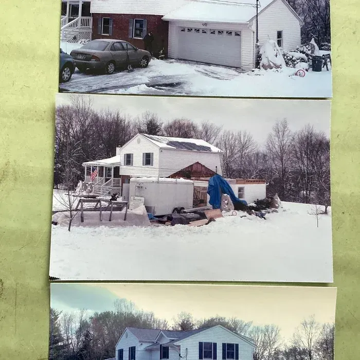 Three photographs showing the progress of home construction and renovation in a snow-covered yard.