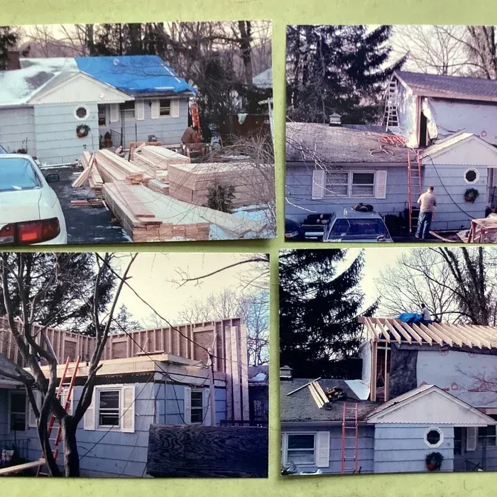 A four-panel photo montage showing the various stages of a home renovation and rooftop addition.
