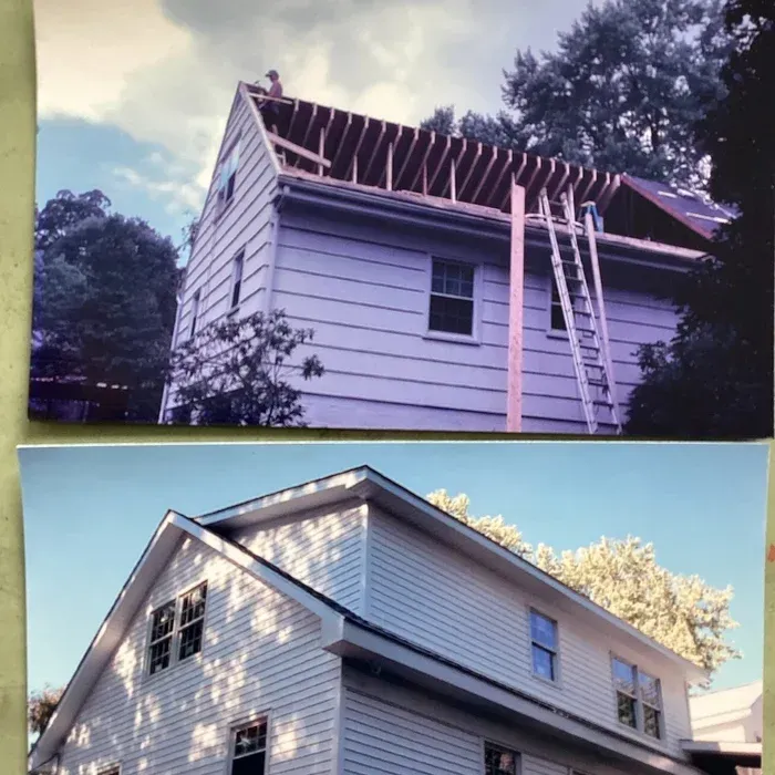 Top image: Construction work on a house roof. Bottom image: The finished house exterior with new siding and windows.