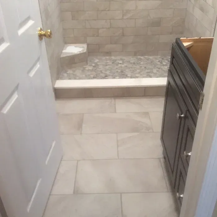 A bathroom doorway view showing a dark wood vanity on the right and a walk-in shower with stone tile floors in the back.