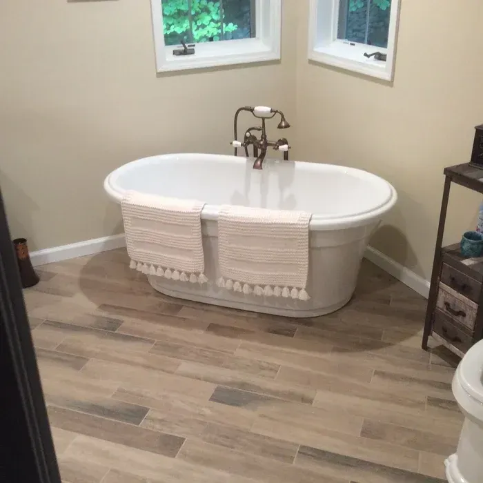 A white, oval freestanding bathtub with bronze hardware sits on light wood-look flooring under two small windows.