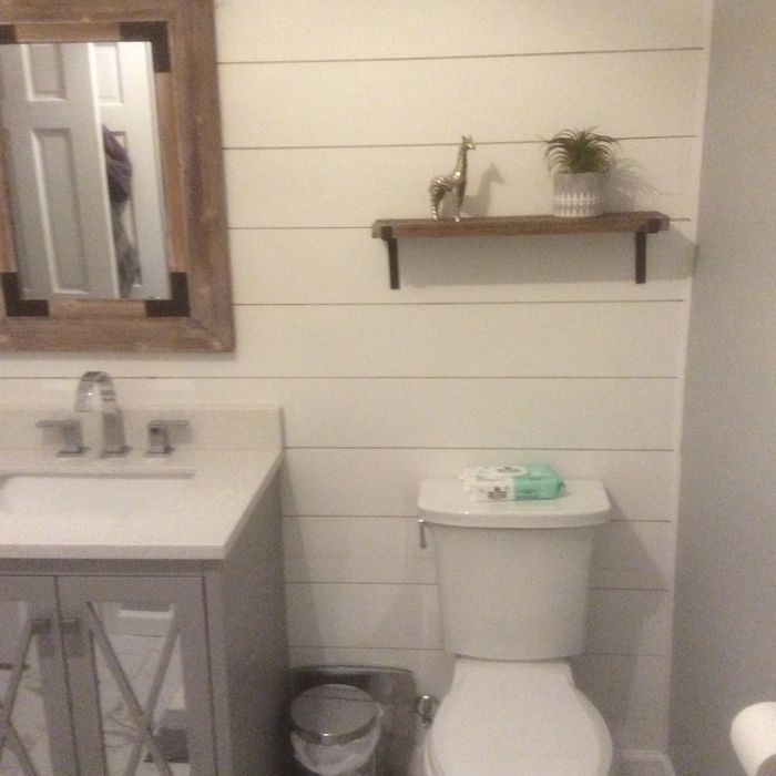 A bathroom with a white shiplap wall, a wooden mirror frame, a vanity, a toilet, and a shelf with a small plant.