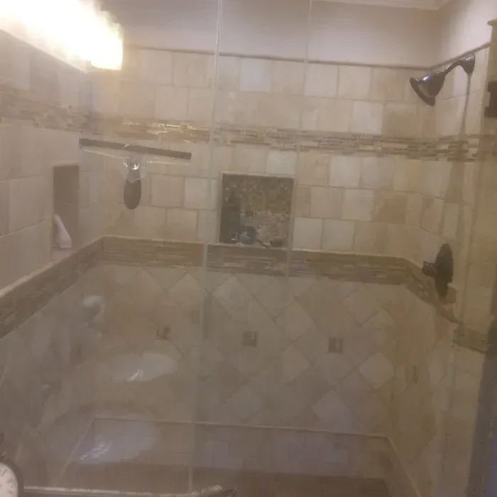 A tiled walk-in shower with a glass door, wall-mounted showerhead, and a built-in recessed shelf.
