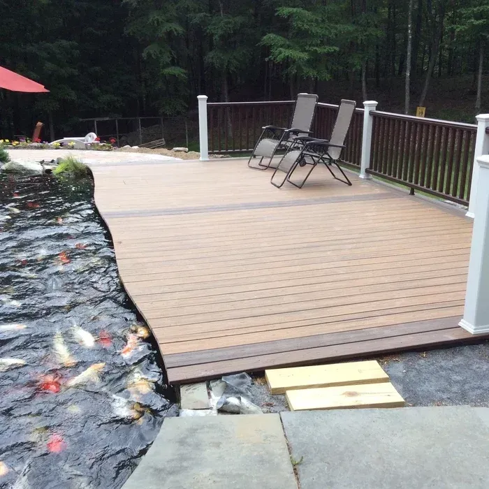 A tan deck with two lounge chairs sits beside a large koi pond filled with fish in a wooded setting.