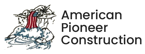 Logo for American Pioneer Construction featuring an illustrated waterfall flowing into a pool, next to the company name.
