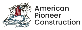 Logo for American Pioneer Construction featuring an illustrated waterfall flowing into a pool, next to the company name.