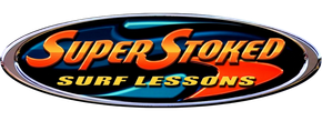 Logo for "Super Stoked Surf Lessons" in an oval shape with orange and blue colors.