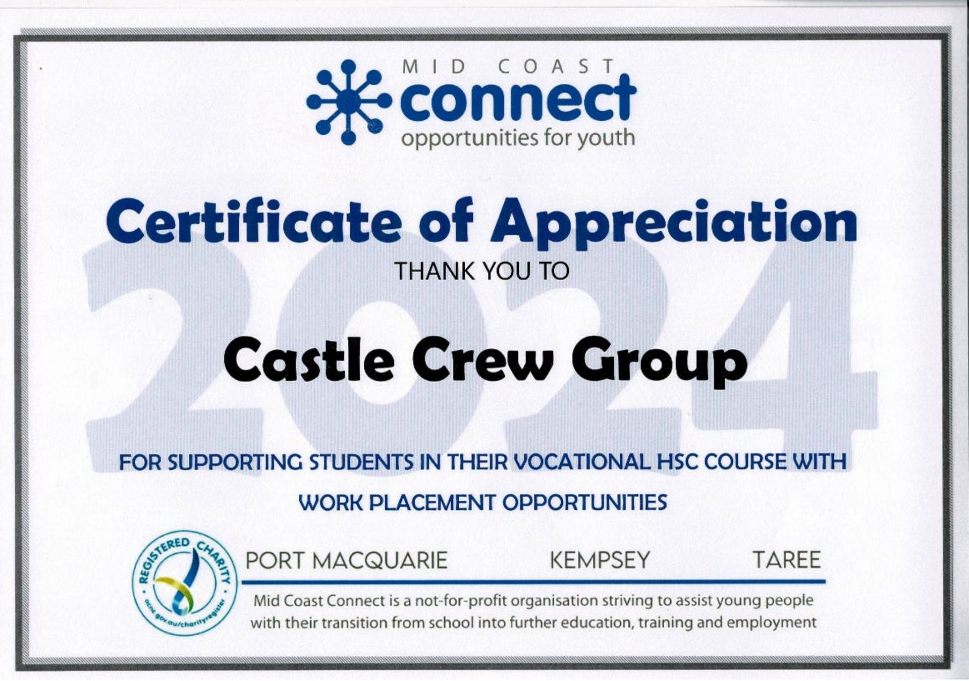 Certificate of Appreciation from Mid Coast Connect to Castle Crew Group for supporting students with work placements.