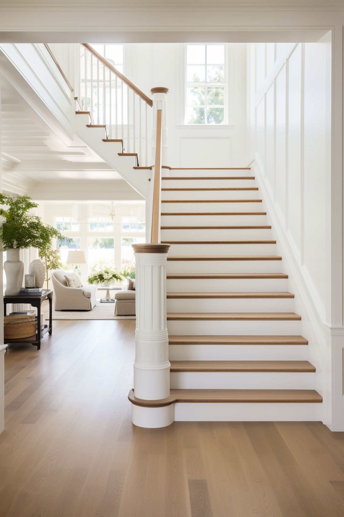 a white staircase with wooden steps leading up to a living room. Port Macquarie