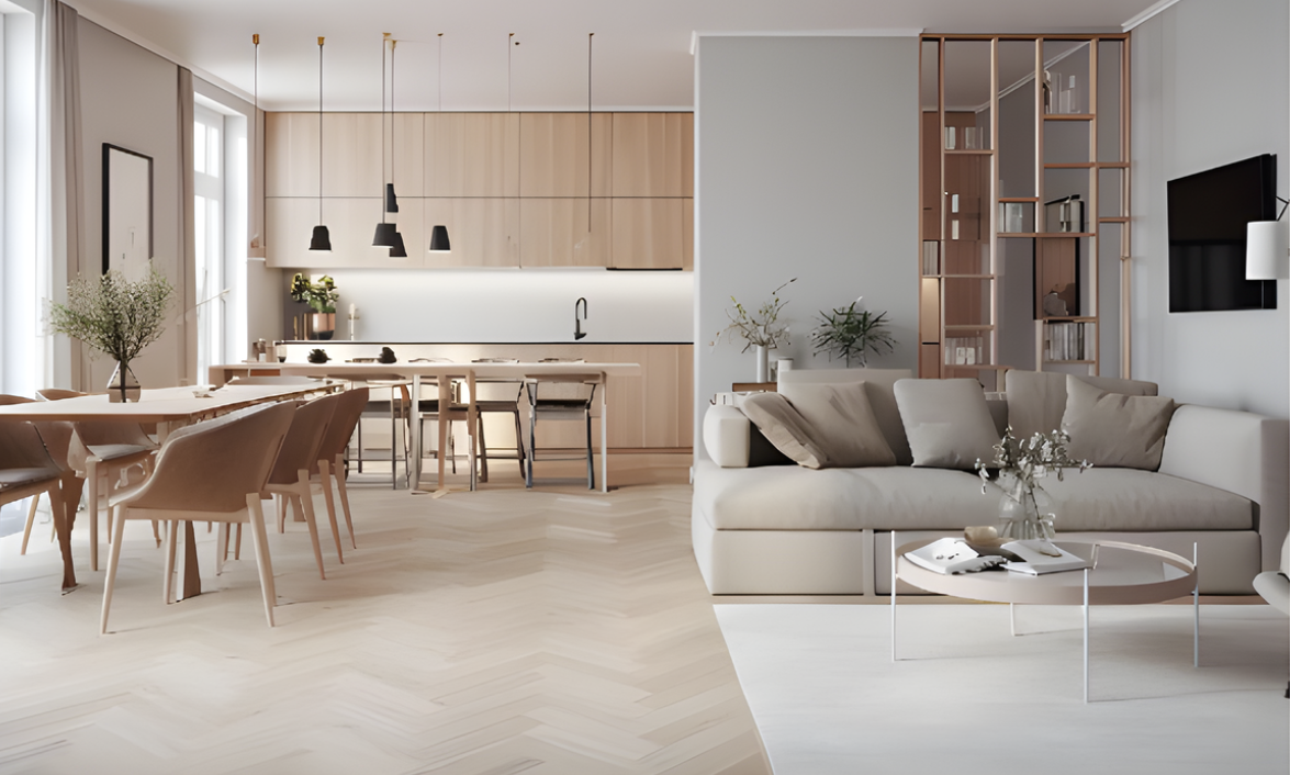 Modern open-plan living and dining room with beige sofa, wood dining table, and minimalist kitchen