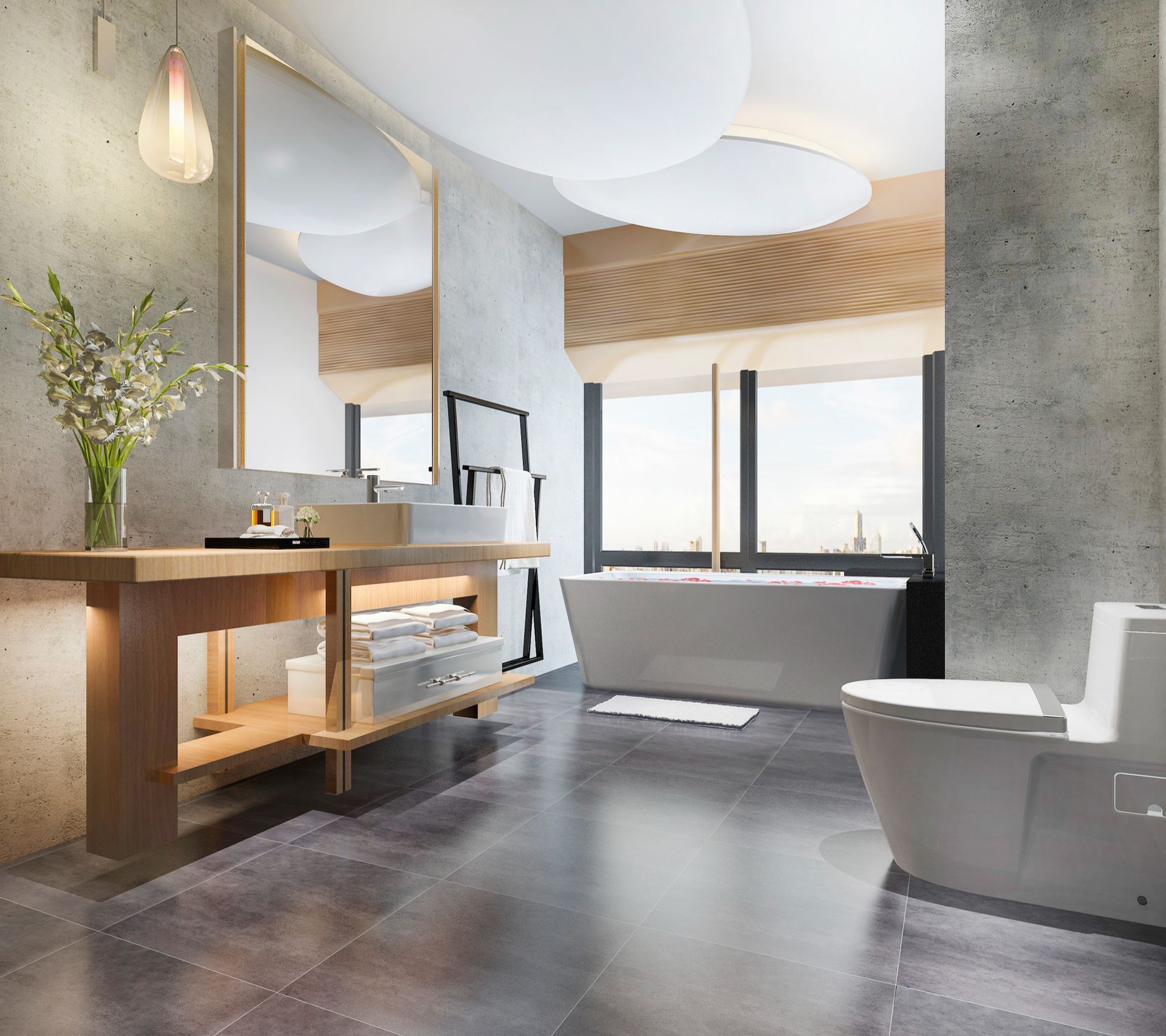 a bathroom with a toilet , sink , tub and mirror. Home Renovations.