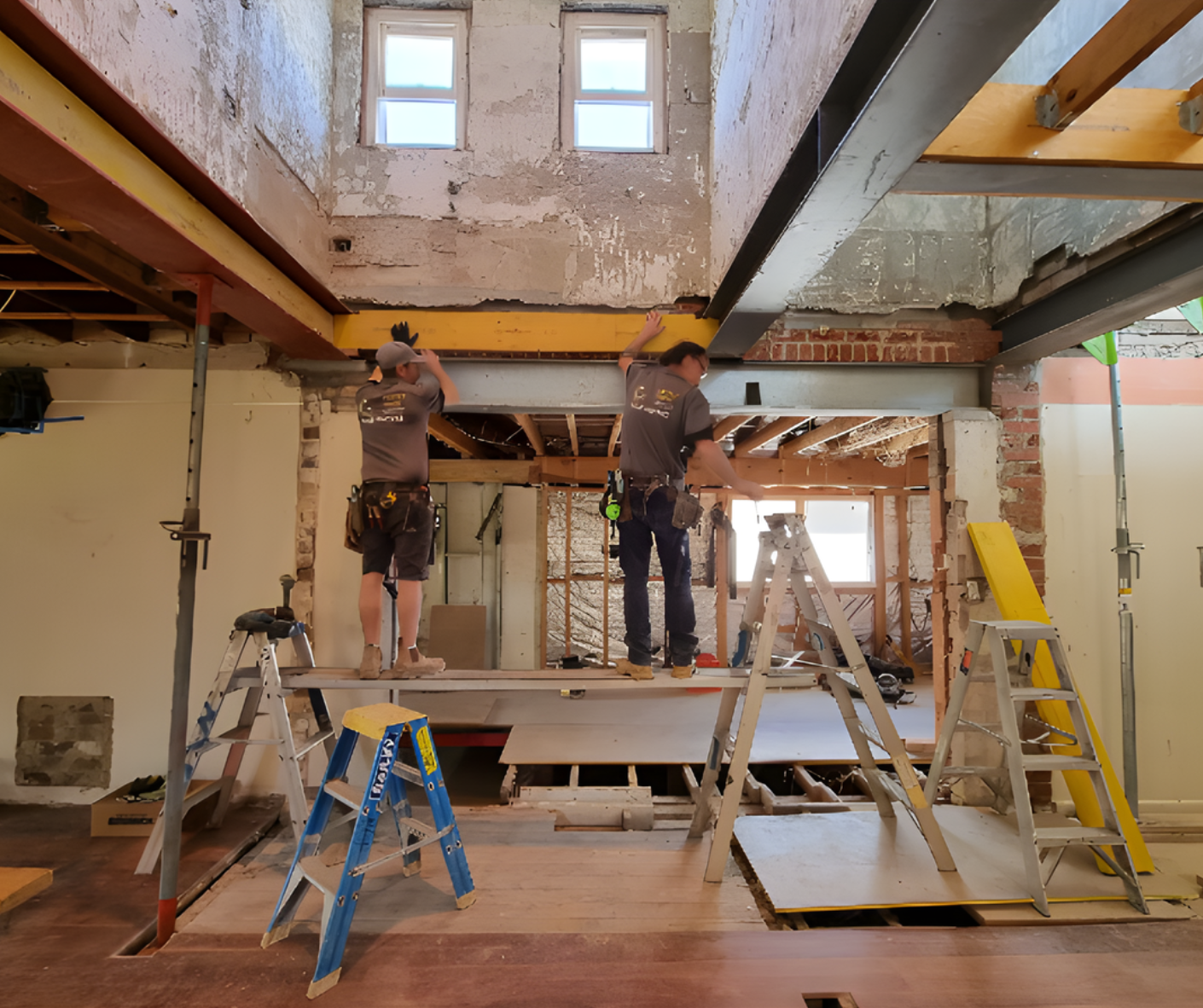 Two workers on a scaffold repairing a ceiling in a room with exposed beams and tools below