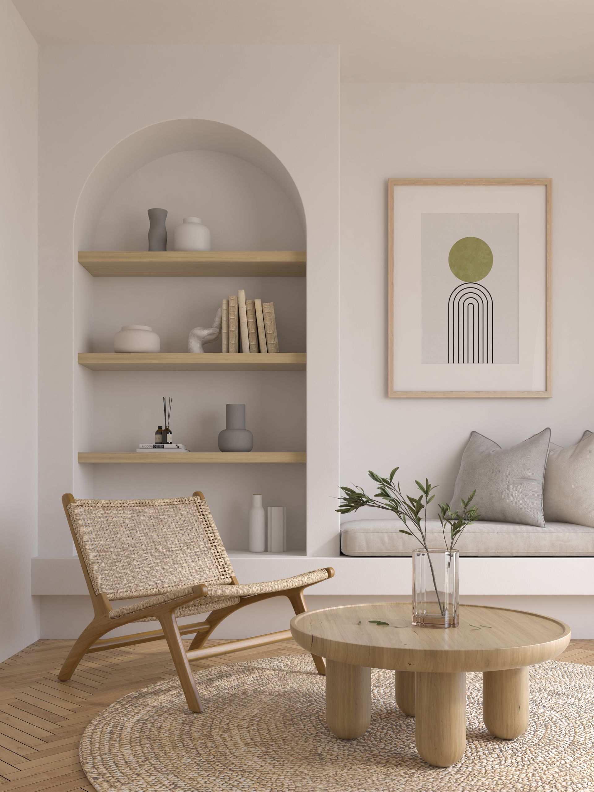 a living room with a couch , chair , coffee table and shelves. Home renovations in Port Macquarie