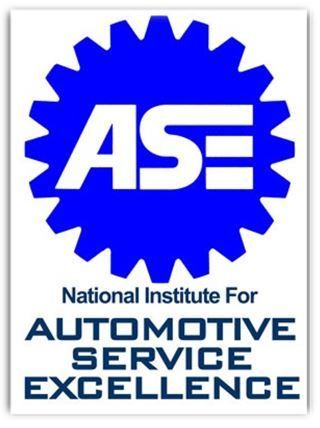 ASE logo with blue gear and white letters, National Institute for Automotive Service Excellence text below